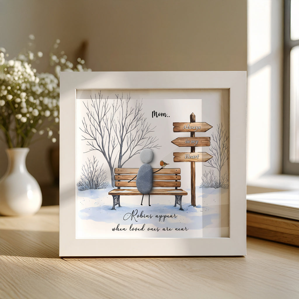 Personalised memorial pebble frame: Robins Appear When Loved Ones Are Near Pebble Picture, Remembrance christmas gift, Mom Dad In Heaven