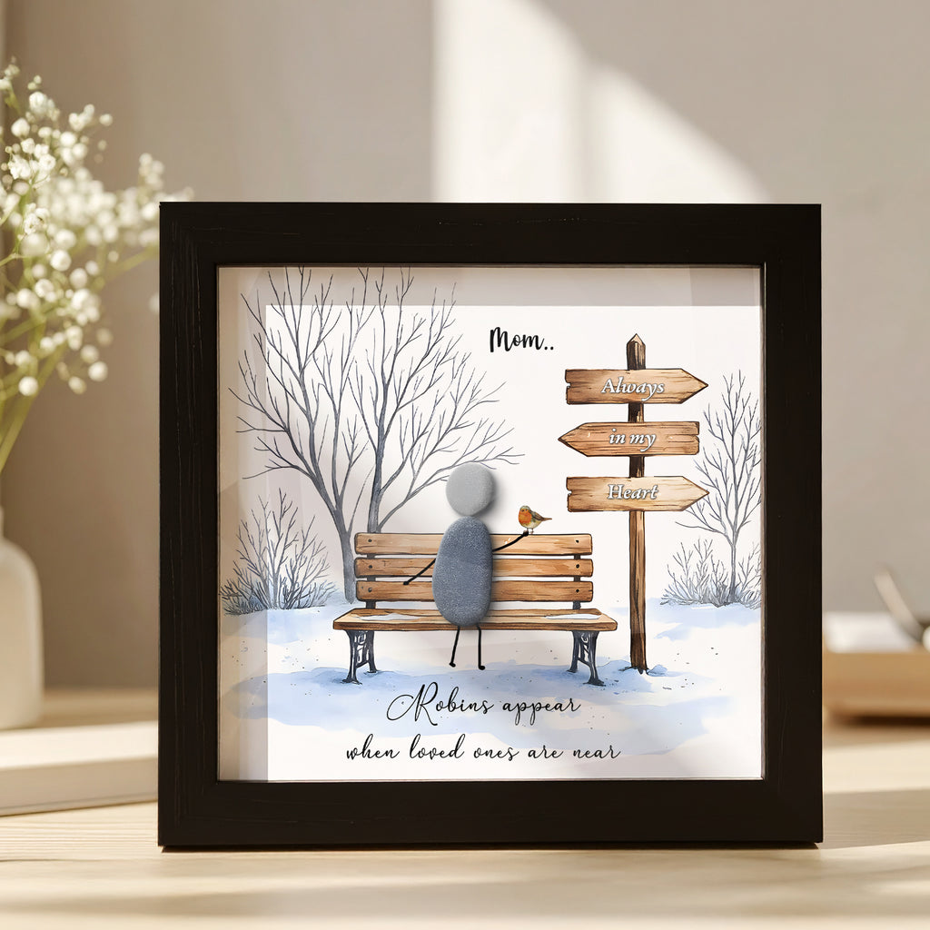 Personalised memorial pebble frame: Robins Appear When Loved Ones Are Near Pebble Picture, Remembrance christmas gift, Mom Dad In Heaven