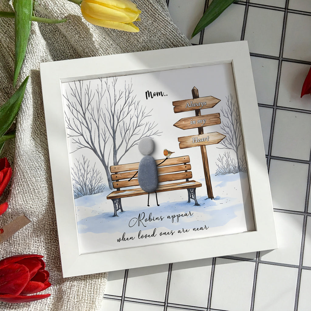 Personalised memorial pebble frame: Robins Appear When Loved Ones Are Near Pebble Picture, Remembrance christmas gift, Mom Dad In Heaven