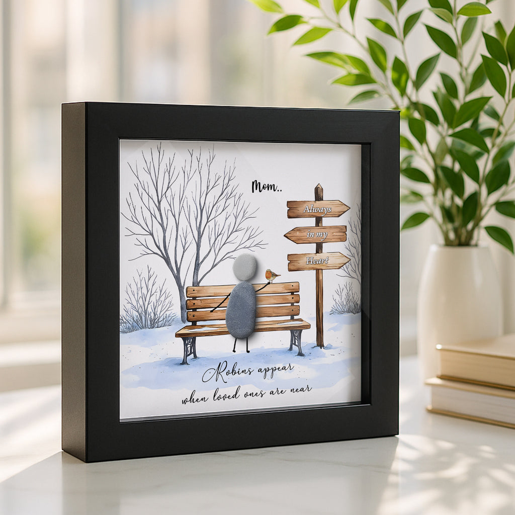Personalised memorial pebble frame: Robins Appear When Loved Ones Are Near Pebble Picture, Remembrance christmas gift, Mom Dad In Heaven