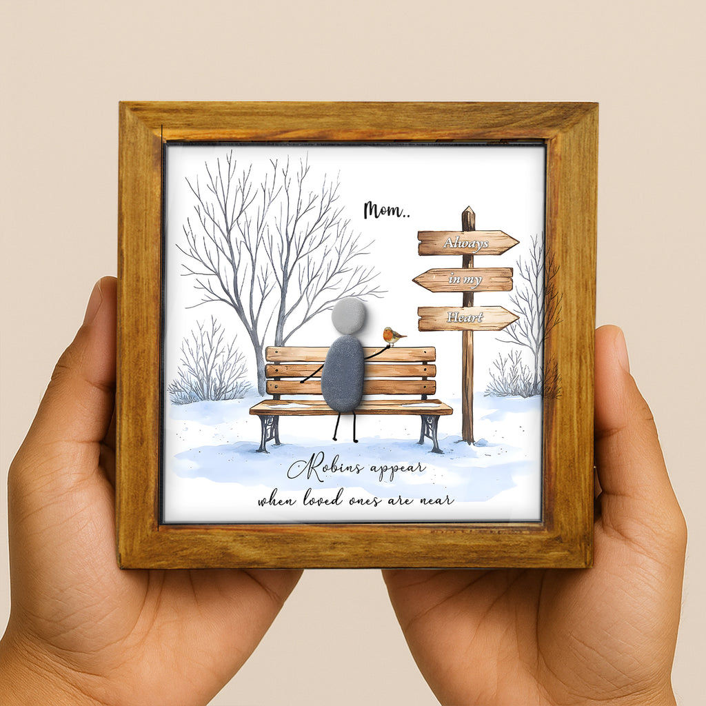 Personalised memorial pebble frame: Robins Appear When Loved Ones Are Near Pebble Picture, Remembrance christmas gift, Mom Dad In Heaven