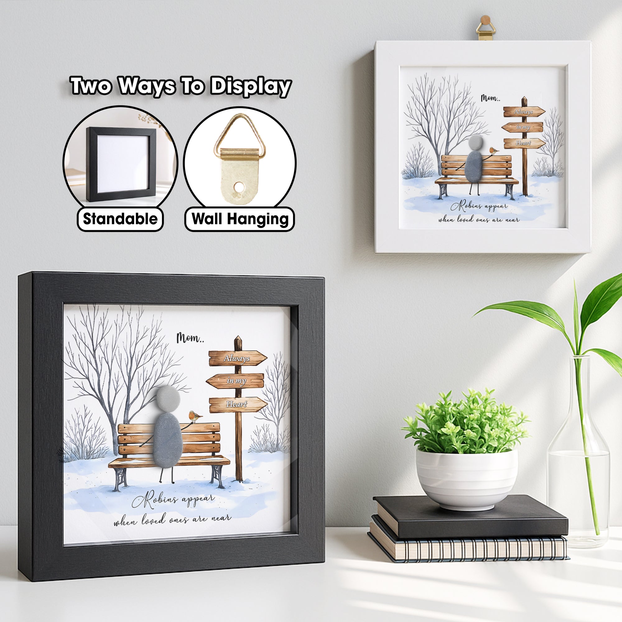 Personalised memorial pebble frame: Robins Appear When Loved Ones Are Near Pebble Picture, Remembrance christmas gift, Mom Dad In Heaven